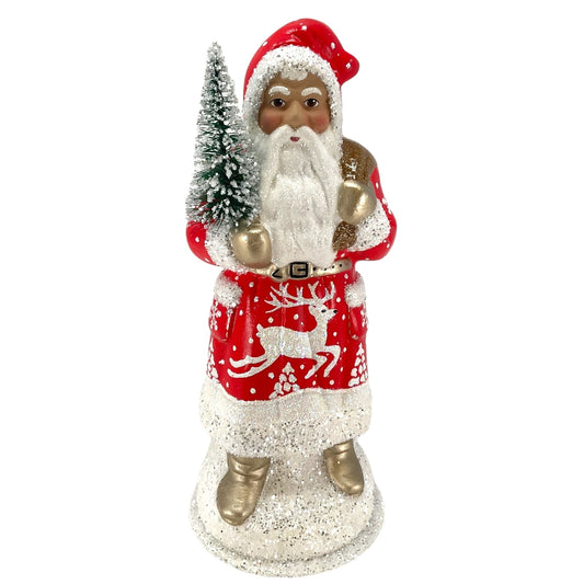 Pinnacle Peak Trading Ino Schaller Light Red Santa with Reindeer Decor German Paper Mache Candy Container