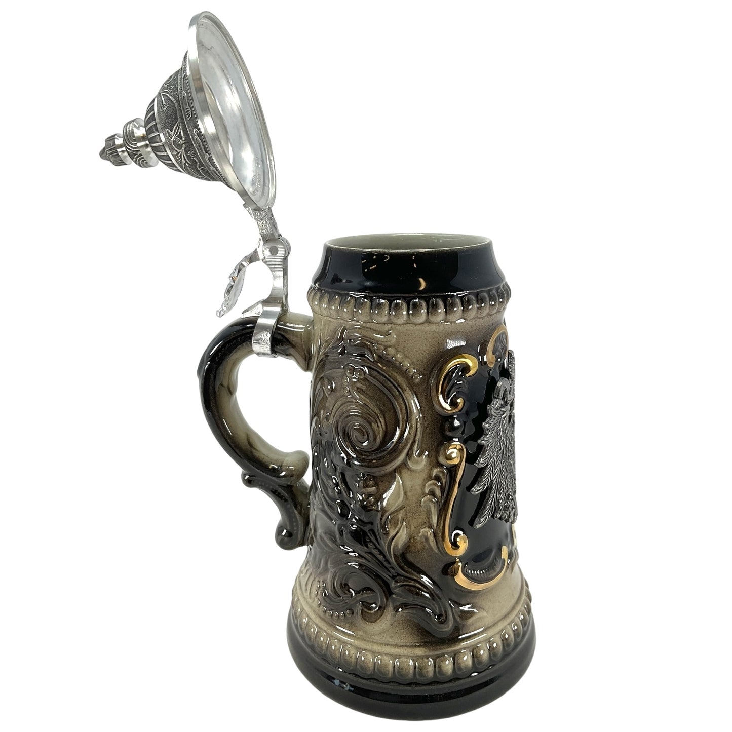 German Black Beer Stein with Pewter Eagle Crest .25L ONE Mug Made in Germany New