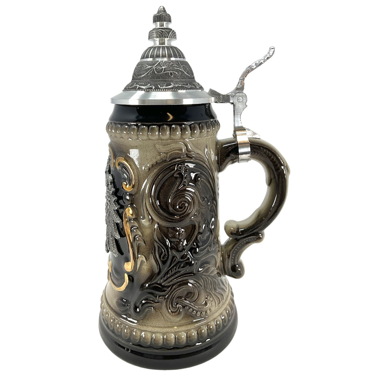 German Black Beer Stein with Pewter Eagle Crest .25L ONE Mug Made in Germany New