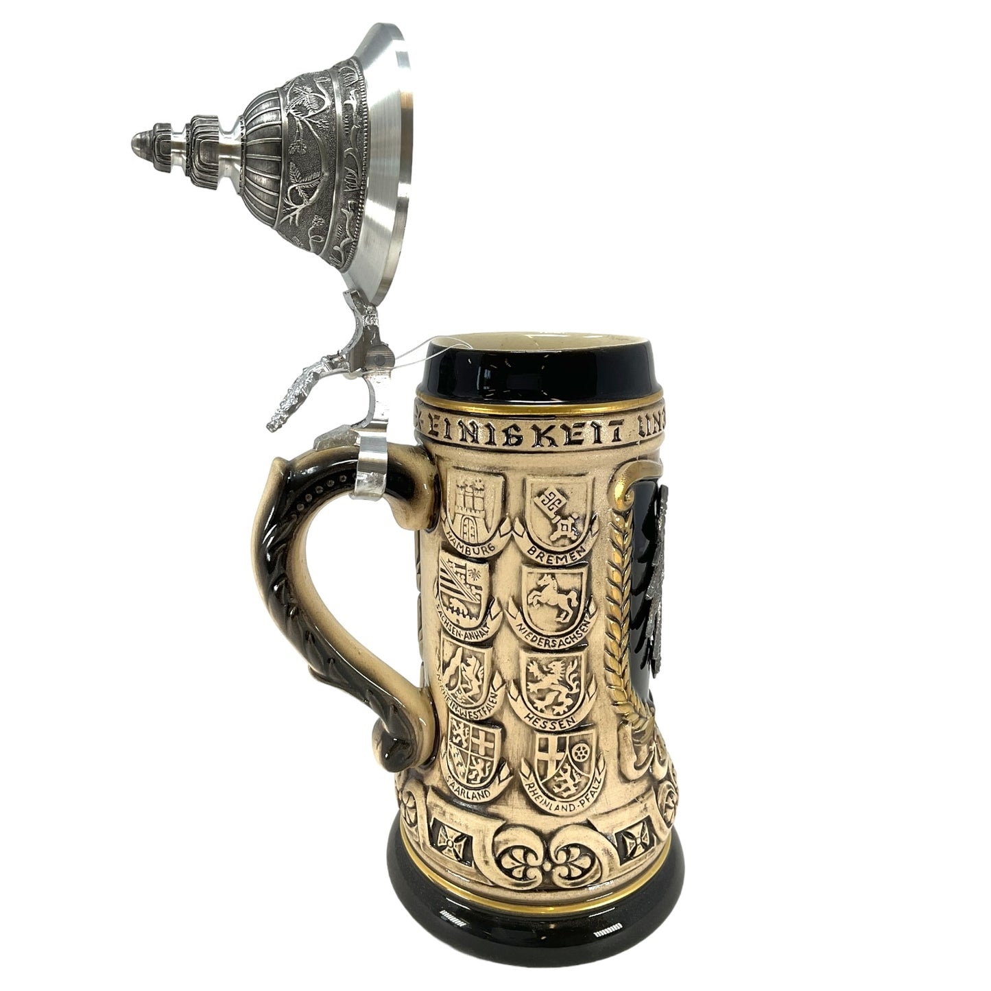 German Eagle Pewter Relief with State Crests German Beer Stein .75L ONE Mug New