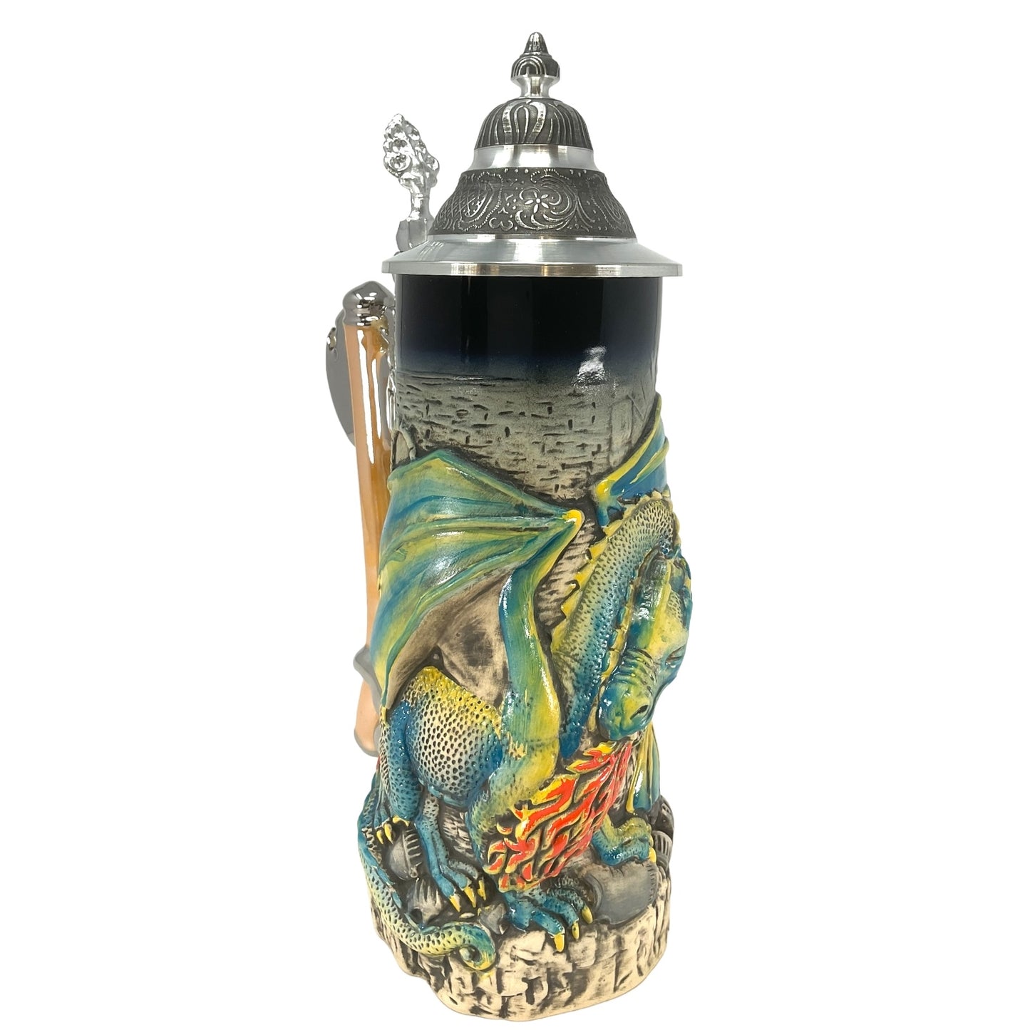 Pinnacle Peak Trading Green Medieval Fire Breathing Dragon with Axe Handle LE German Beer Stein .7L by King Werks