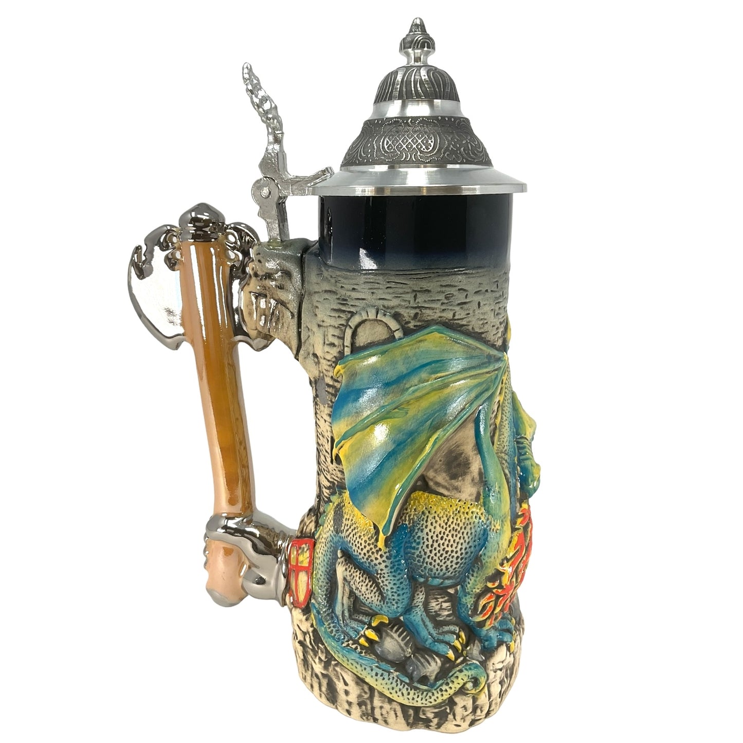 Pinnacle Peak Trading Green Medieval Fire Breathing Dragon with Axe Handle LE German Beer Stein .7L by King Werks