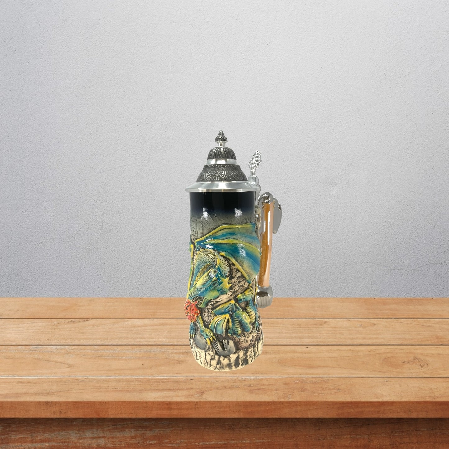 Pinnacle Peak Trading Green Medieval Fire Breathing Dragon with Axe Handle LE German Beer Stein .7L by King Werks