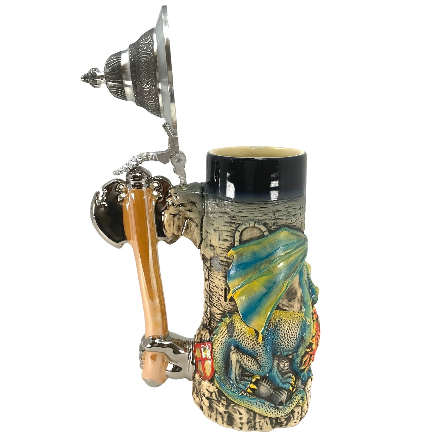 Pinnacle Peak Trading Green Medieval Fire Breathing Dragon with Axe Handle LE German Beer Stein .7L by King Werks