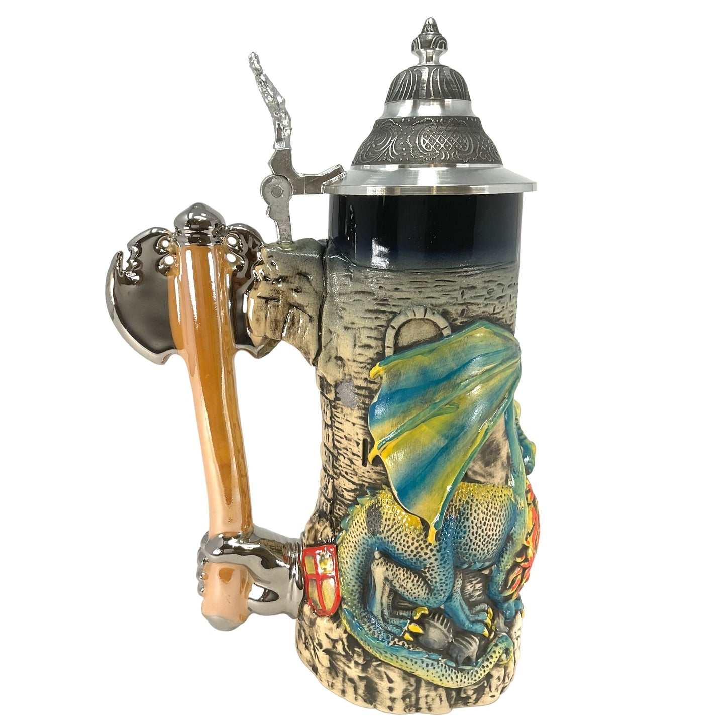 Pinnacle Peak Trading Green Medieval Fire Breathing Dragon with Axe Handle LE German Beer Stein .7L by King Werks