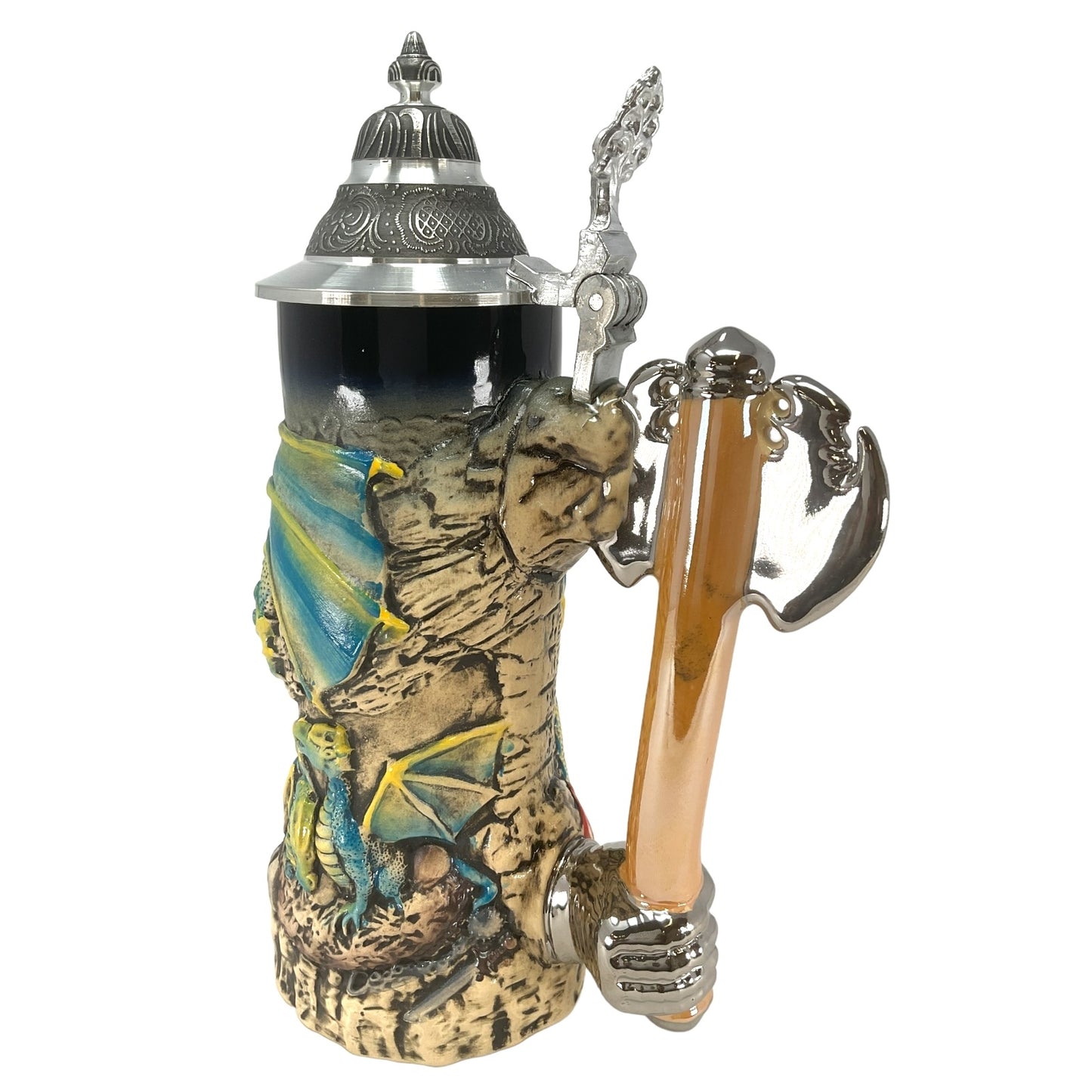 Pinnacle Peak Trading Green Medieval Fire Breathing Dragon with Axe Handle LE German Beer Stein .7L by King Werks