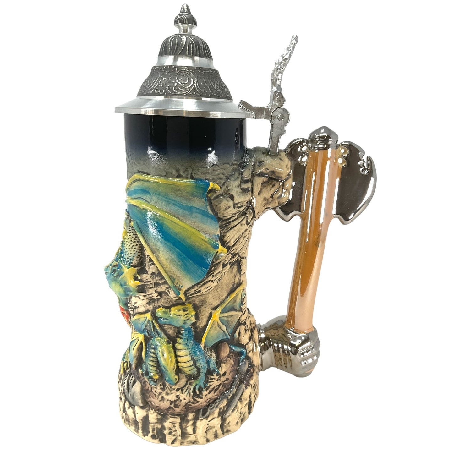 Pinnacle Peak Trading Green Medieval Fire Breathing Dragon with Axe Handle LE German Beer Stein .7L by King Werks