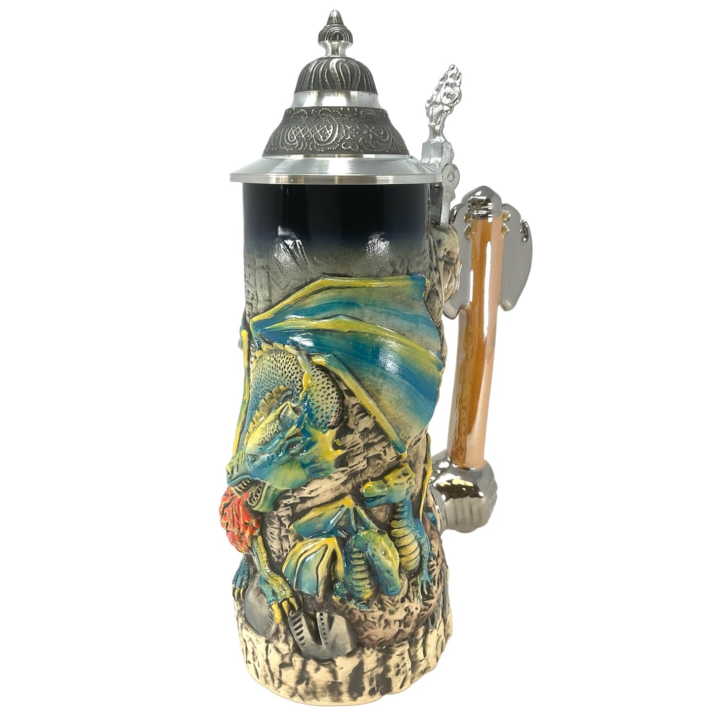 Pinnacle Peak Trading Green Medieval Fire Breathing Dragon with Axe Handle LE German Beer Stein .7L by King Werks