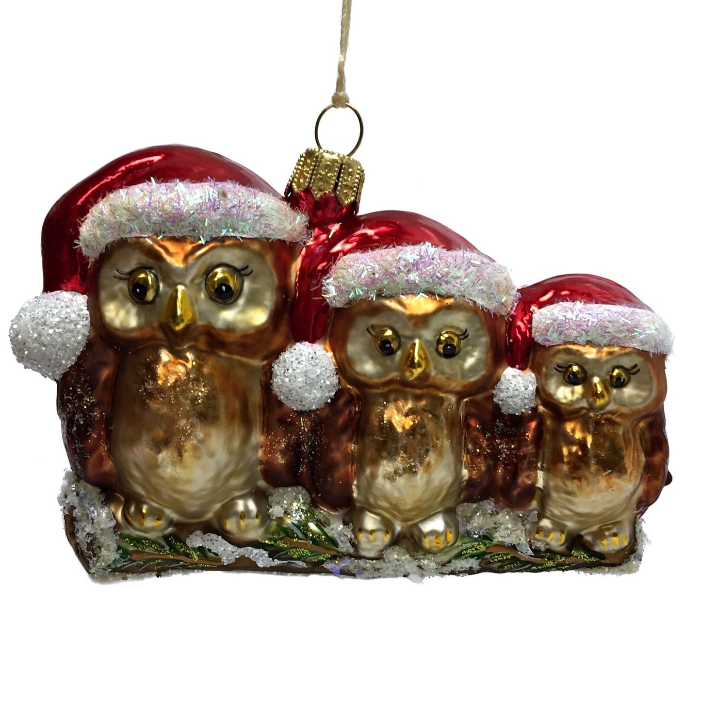 Three Owls Wearing Santa Hats on Branch Polish Glass Christmas Ornament Birds