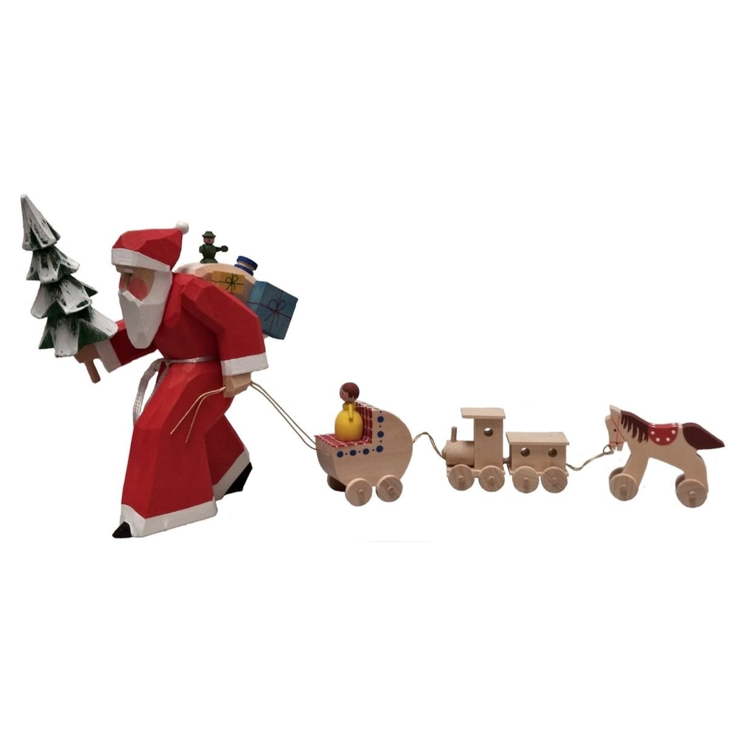 Walking Santa with Pull Cart Toy German Wood Carved Christmas Figurine Germany