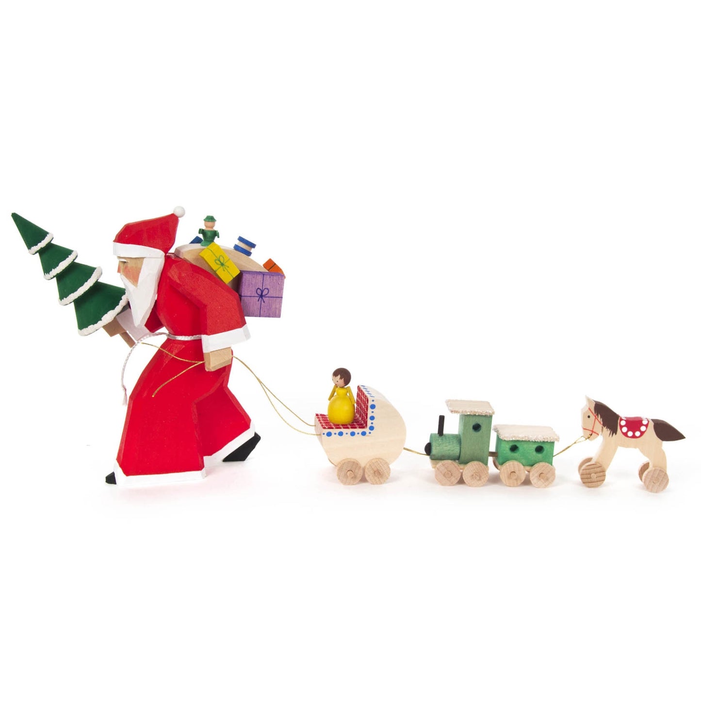 Walking Santa with Pull Cart Toy German Wood Carved Christmas Figurine Germany