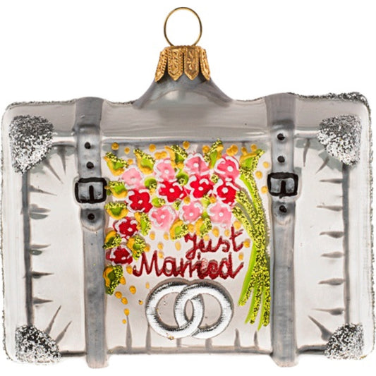 Wedding Just Married Honeymoon Travel Suitcase Glass Christmas Ornament ONE Pc