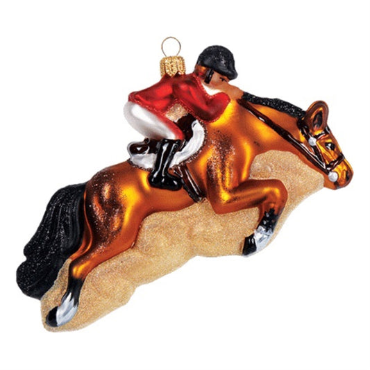 Jockey Riding Jumping Horse Polish Mouth Blown Glass Christmas Ornament