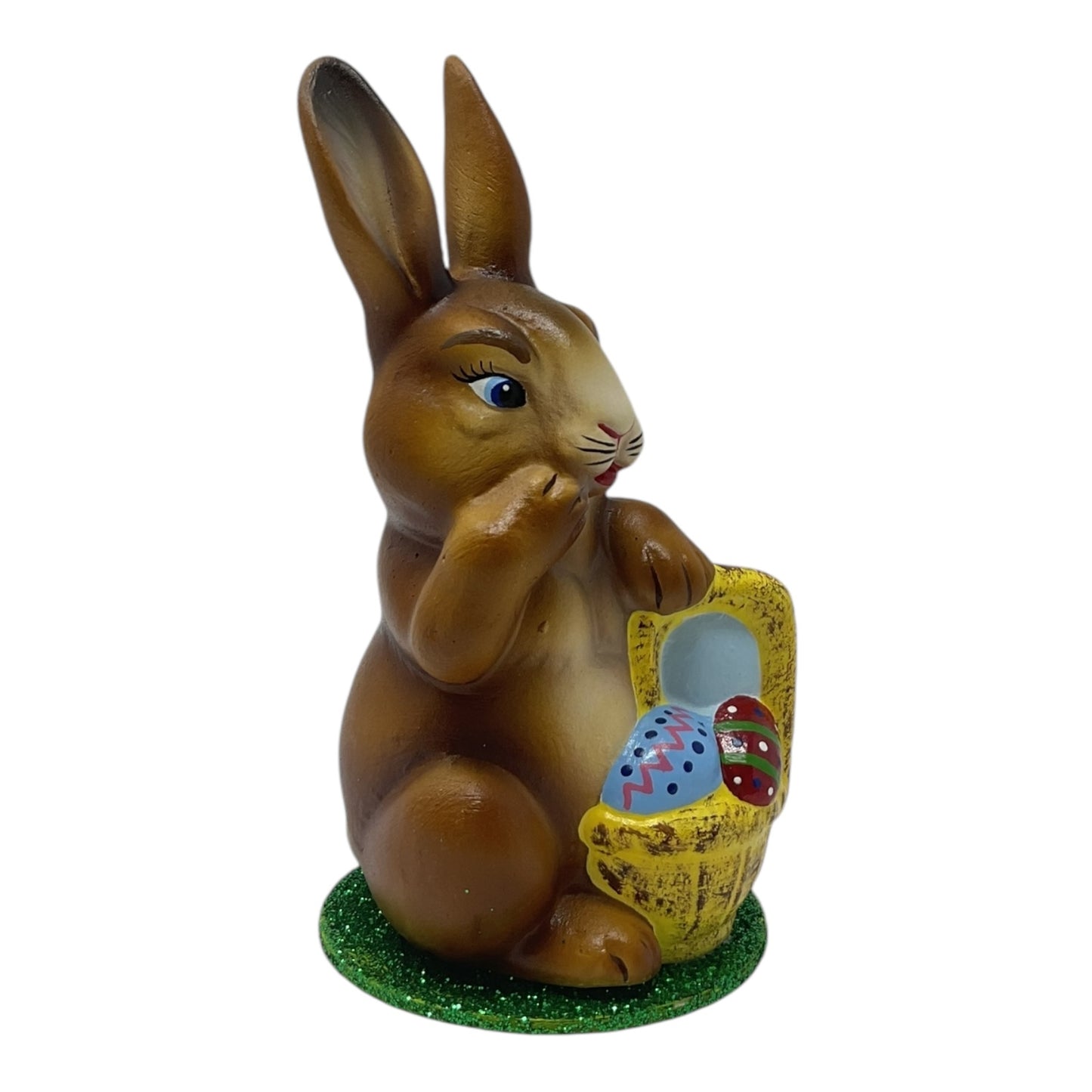 Pinnacle Peak Trading Ino Schaller Easter Bunny Rabbit with Yellow Basket of Eggs German Paper Mache 5.25 inch