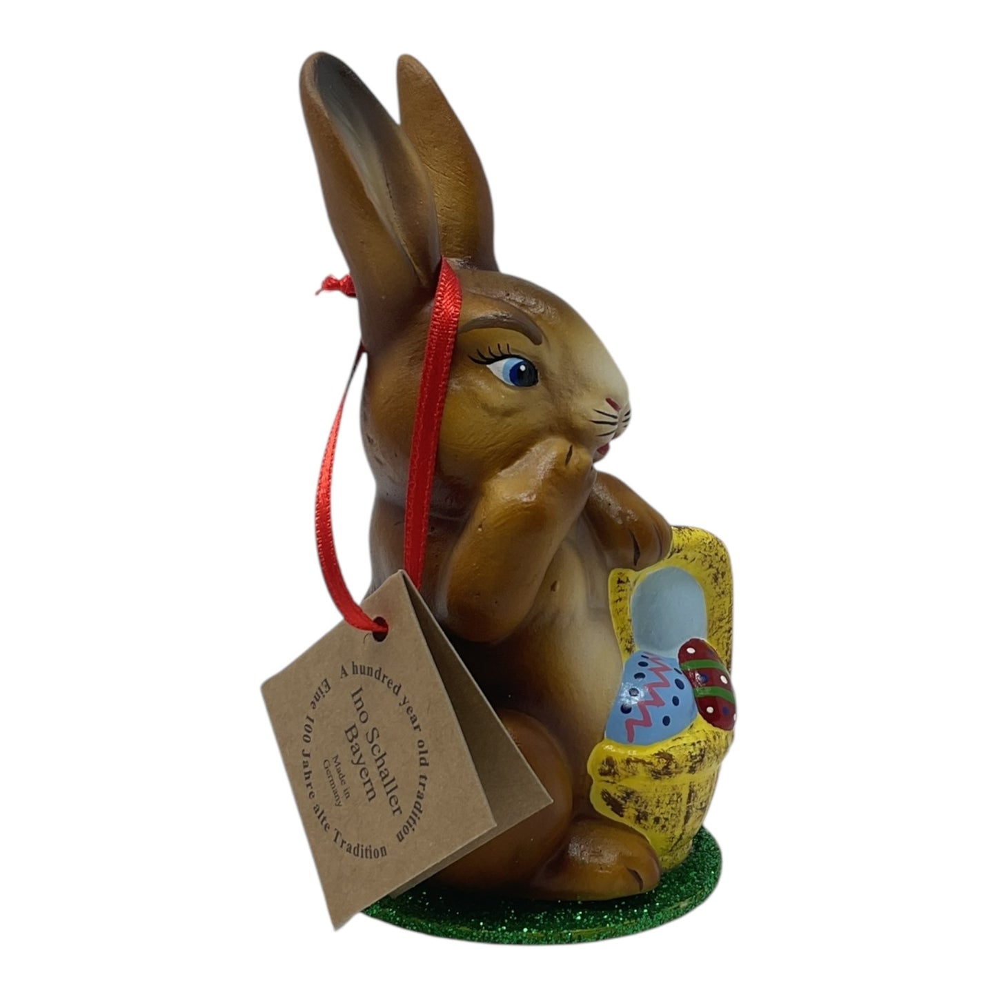 Pinnacle Peak Trading Ino Schaller Easter Bunny Rabbit with Yellow Basket of Eggs German Paper Mache 5.25 inch