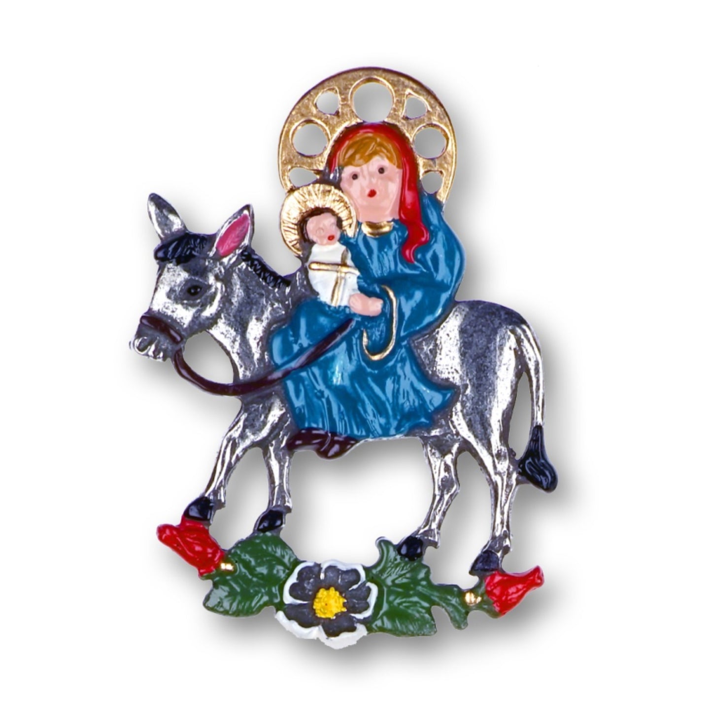 Pinnacle Peak Trading Mary with Baby Jesus on Donkey Double Sided Pewter German Christmas Ornament 2 inch