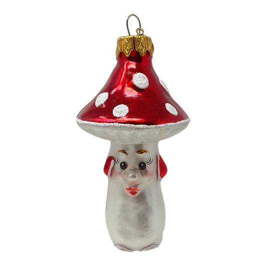 Pinnacle Peak Trading Red White Smiling Mushroom Vintage Look German Glass Christmas Ornament 4 Inch