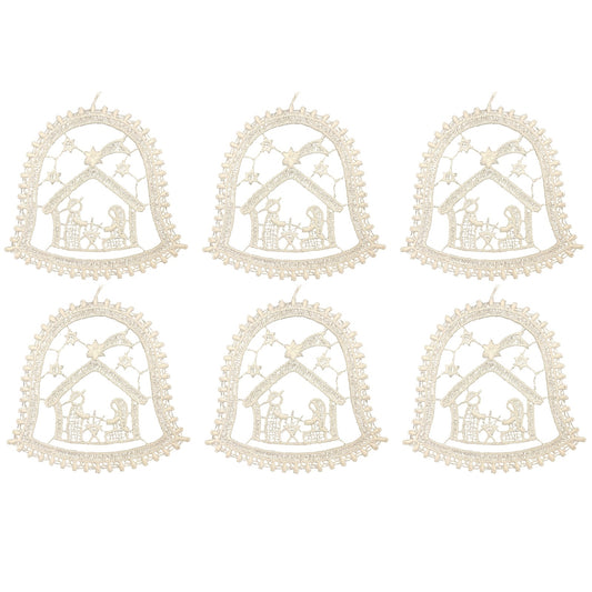 Nativity Scene inside White Lace Bell Hanging Ornament Set of 6