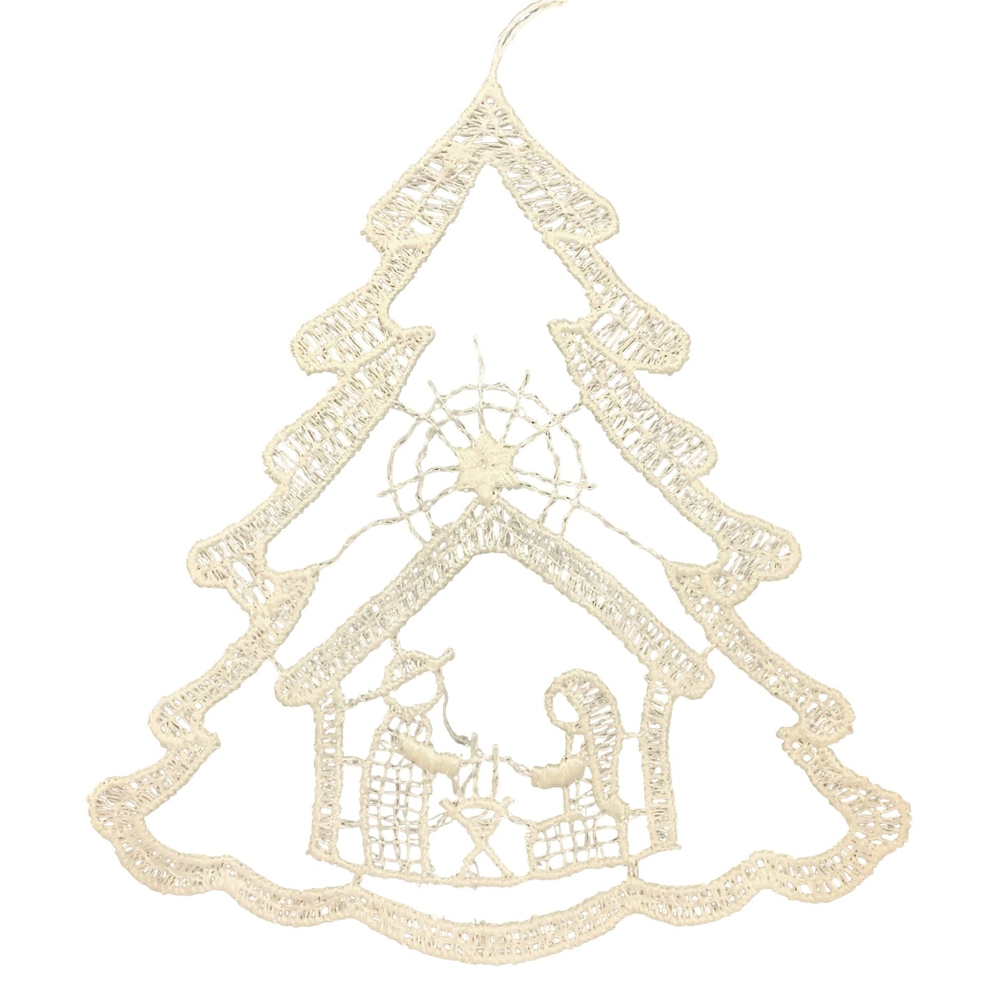 Nativity Scene inside White Lace Christmas Tree Hanging Ornament Set of 6