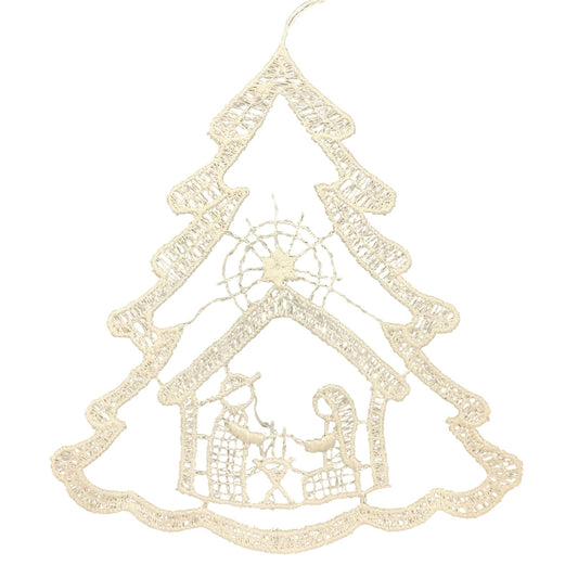 Nativity Scene inside White Lace Christmas Tree Hanging Ornament Set of 6