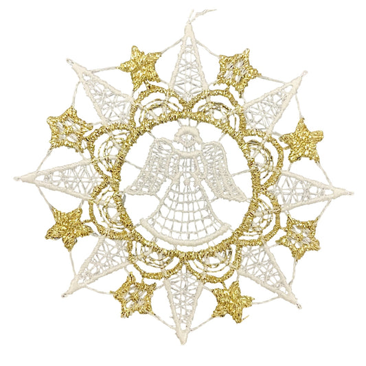 White and Gold Lace 8 Point Snowflake with Standing Angel Ornament Set of 6