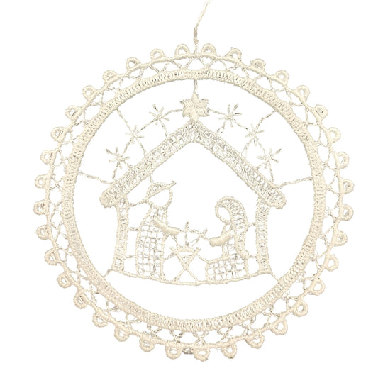 White Lace Circle Nativity Scene Hanging Ornament Set of 6