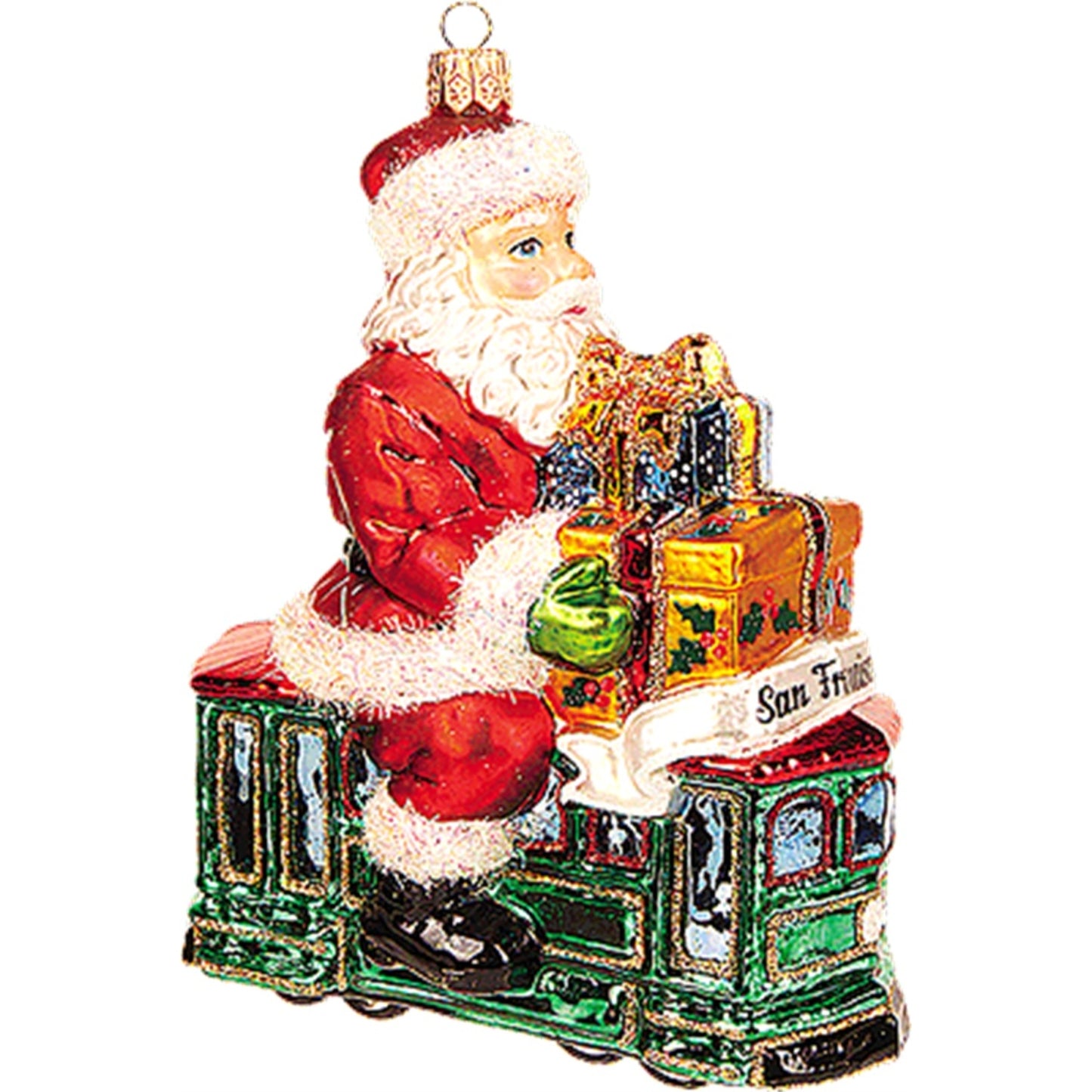 Santa in San Francisco Cable Car Polish Mouth Blown Glass Christmas Ornament