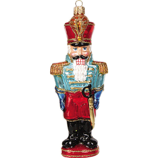 Blue Nutcracker General with Sword Polish Glass Christmas Ornament Made Poland