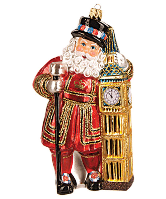 London Palace Guard Santa and Big Ben Polish Glass Christmas Ornament England