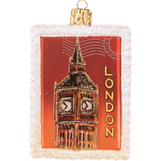 London England Big Ben Postage Stamp Polish Glass Christmas Ornament Decoration