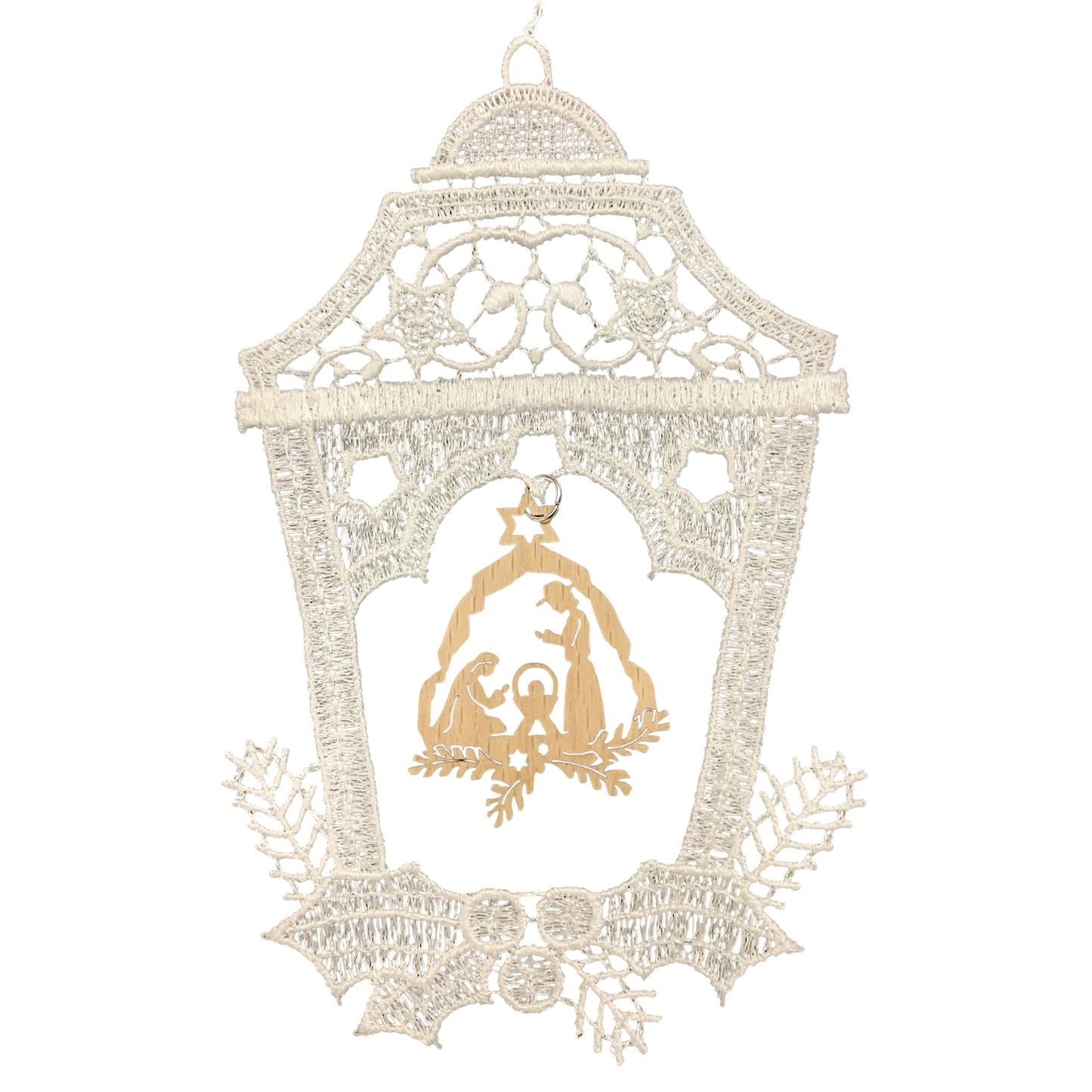 Lace Bell Ornament with Wooden Nativity Scene in Center Set of 3