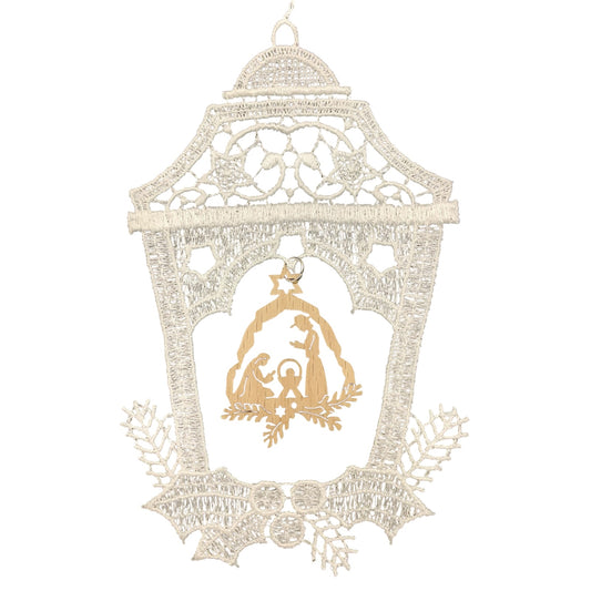 Lace Bell Ornament with Wooden Nativity Scene in Center Set of 3