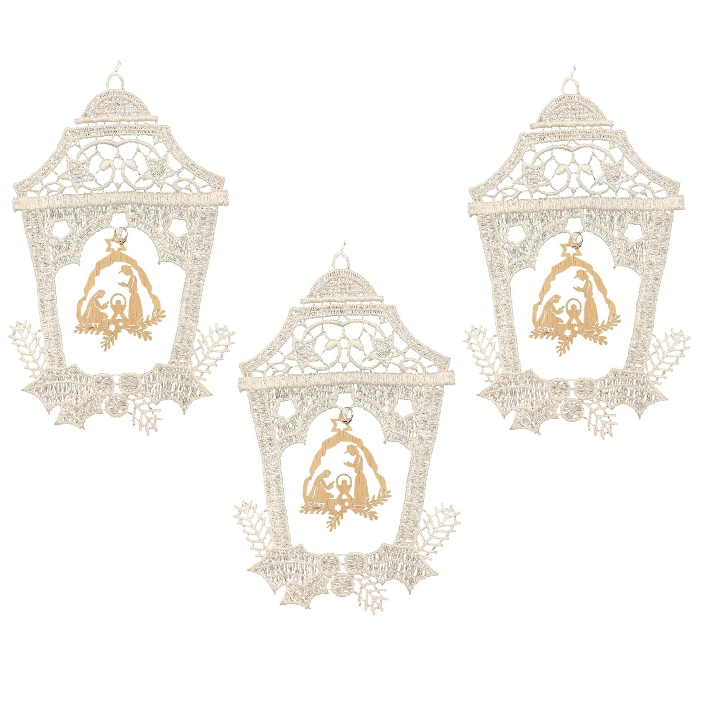 Lace Bell Ornament with Wooden Nativity Scene in Center Set of 3