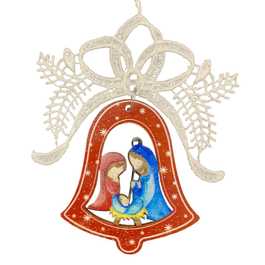 White Lace Ribbon with Colorful Nativity Scene Bell Ornament Set of 3