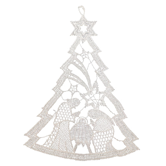 Large White Lace Nativity Scene inside of Christmas Tree Hanging Ornament
