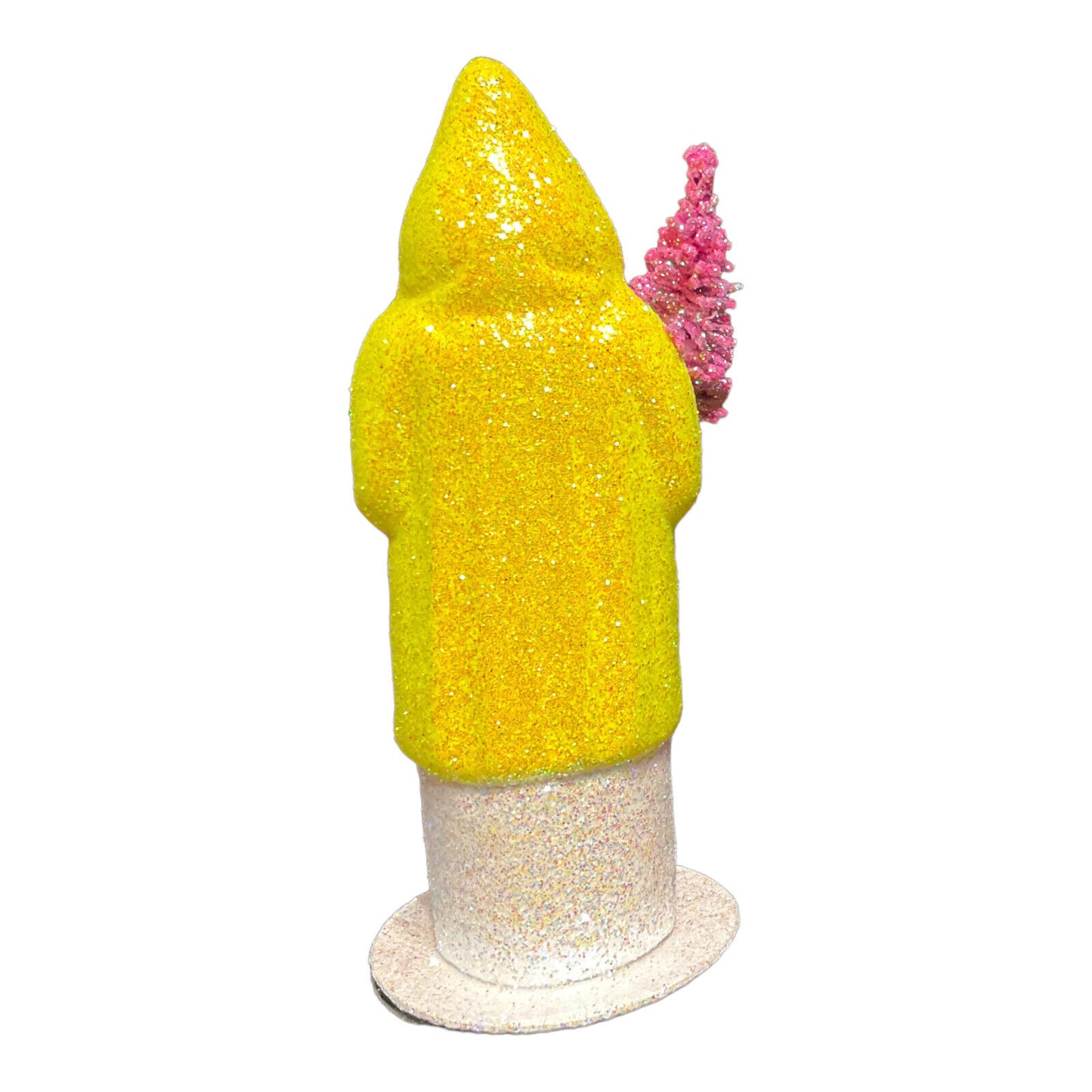 Ino Schaller Neon Yellow Glitter Santa with Pink Tree German Paper Mache 6 Inch