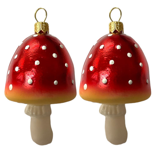 Small Mushroom Polish Glass Christmas Tree Ornaments Set of 2