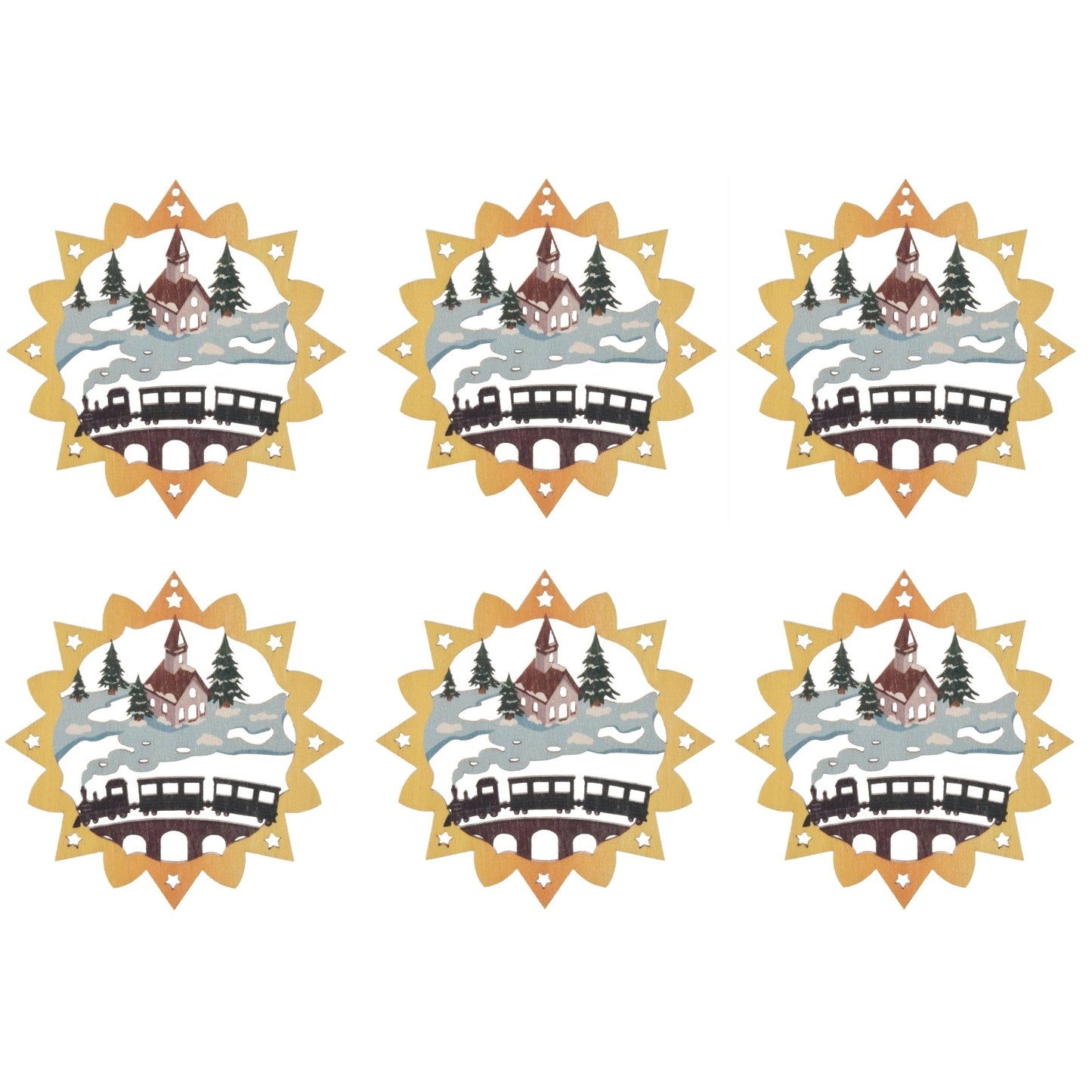 Pinnacle Peak Trading German Wood Colorful Railway Ornament 6 Piece Set 2.3 Inch