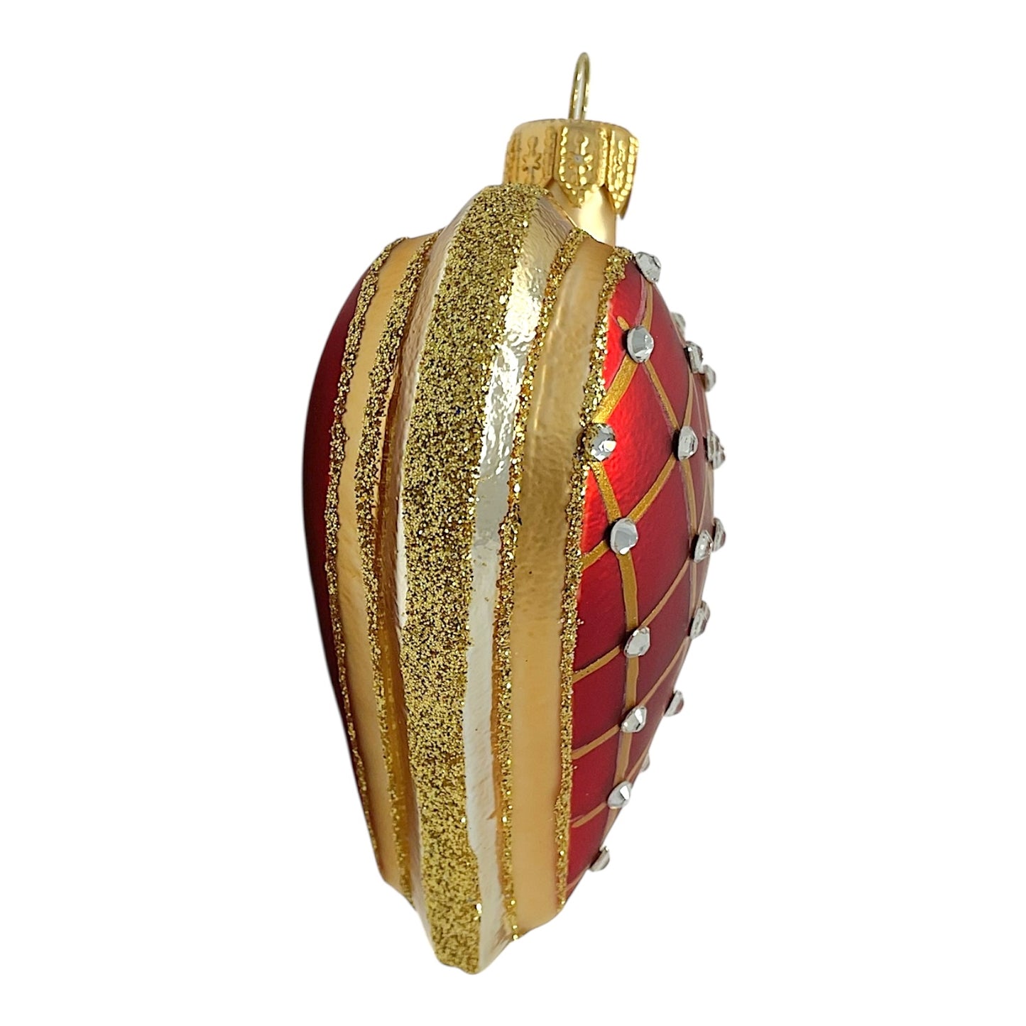 Red Heart with Gold Stripes Polish Glass Christmas Tree Ornament Made in Poland