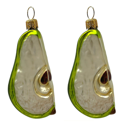 Pinnacle Peak Trading Green Pear Slice Food Polish Glass Christmas Tree Ornament Set of 2