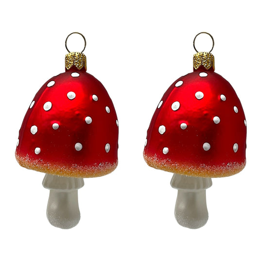 Pinnacle Peak Trading Red Top Toadstool Mushroom Polish Glass Christmas Tree Ornament Set of 2