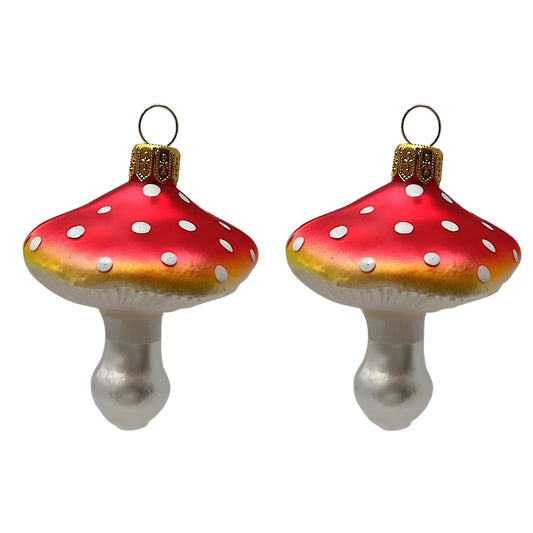 Pinnacle Peak Trading Red and Yellow Toadstool Mushroom Polish Glass Christmas Tree Ornament Set of 2