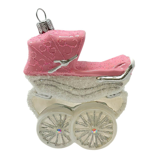 Pinnacle Peak Trading Pink and White Baby Carriage Polish Glass Christmas Tree Ornament