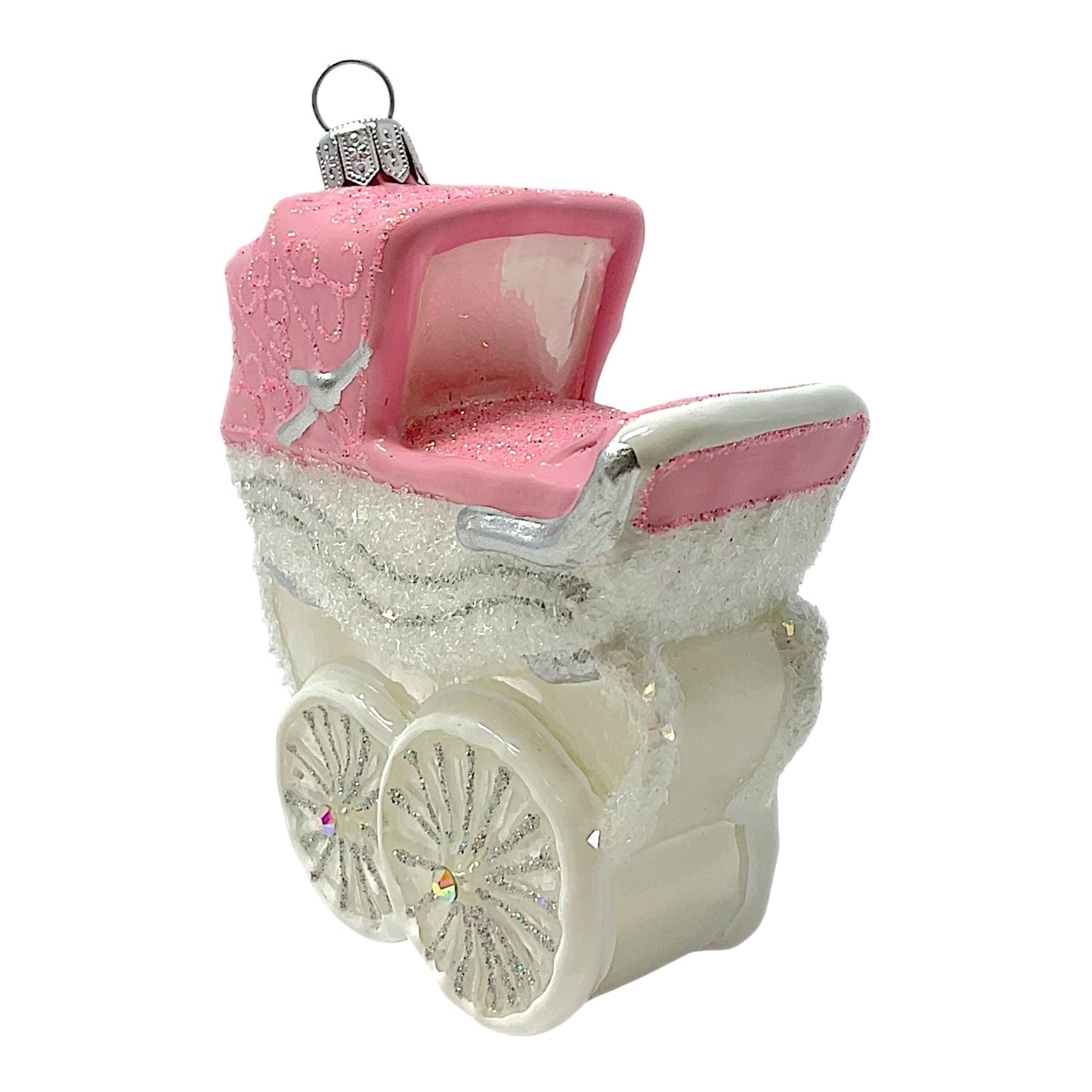 Pinnacle Peak Trading Pink and White Baby Carriage Polish Glass Christmas Tree Ornament