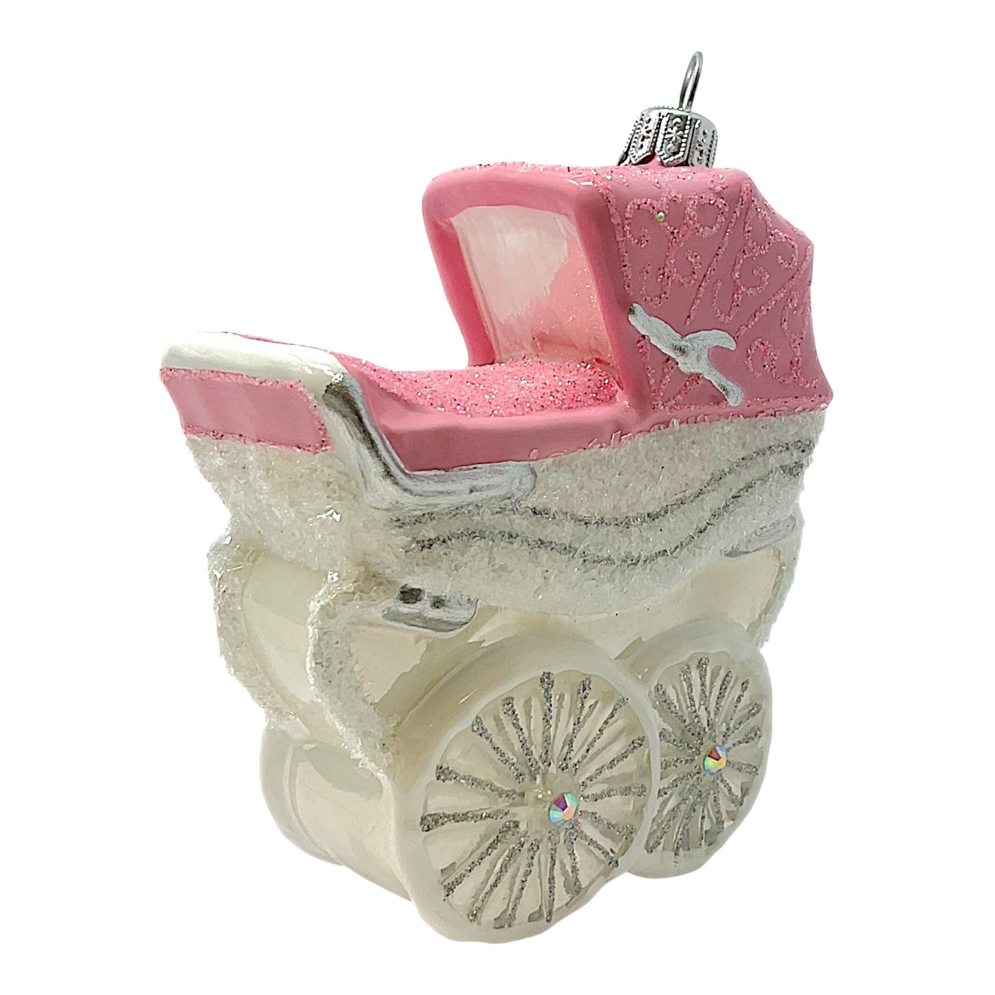 Pinnacle Peak Trading Pink and White Baby Carriage Polish Glass Christmas Tree Ornament