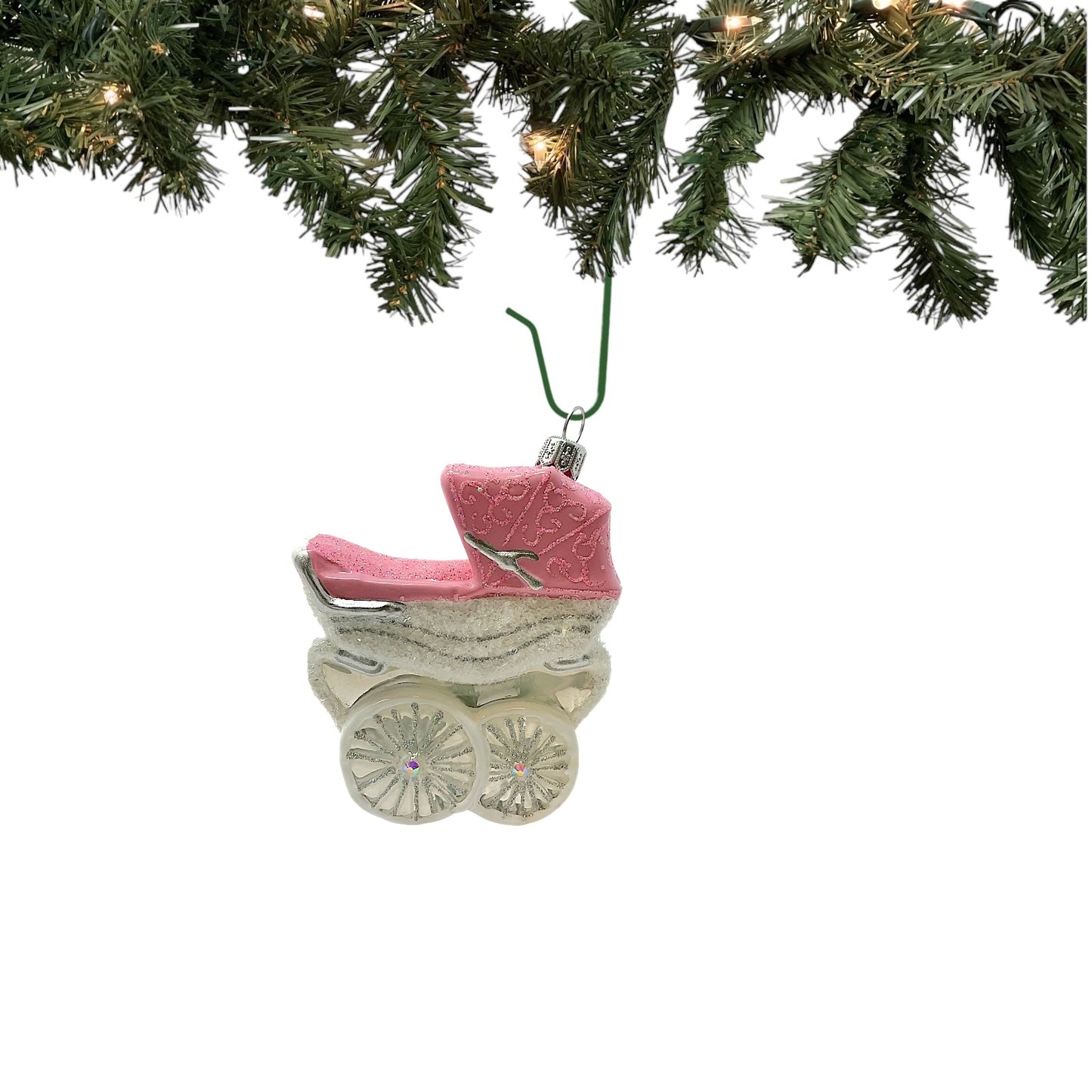 Pinnacle Peak Trading Pink and White Baby Carriage Polish Glass Christmas Tree Ornament