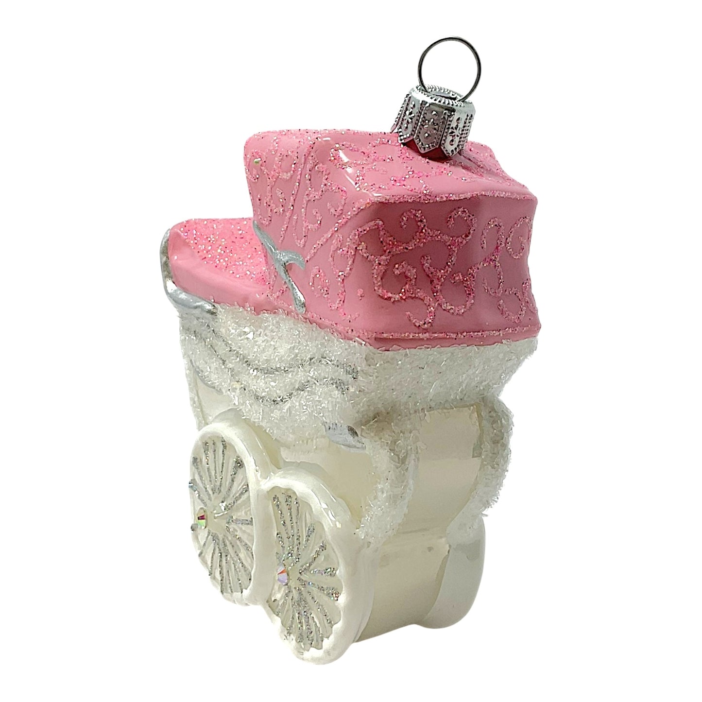 Pinnacle Peak Trading Pink and White Baby Carriage Polish Glass Christmas Tree Ornament