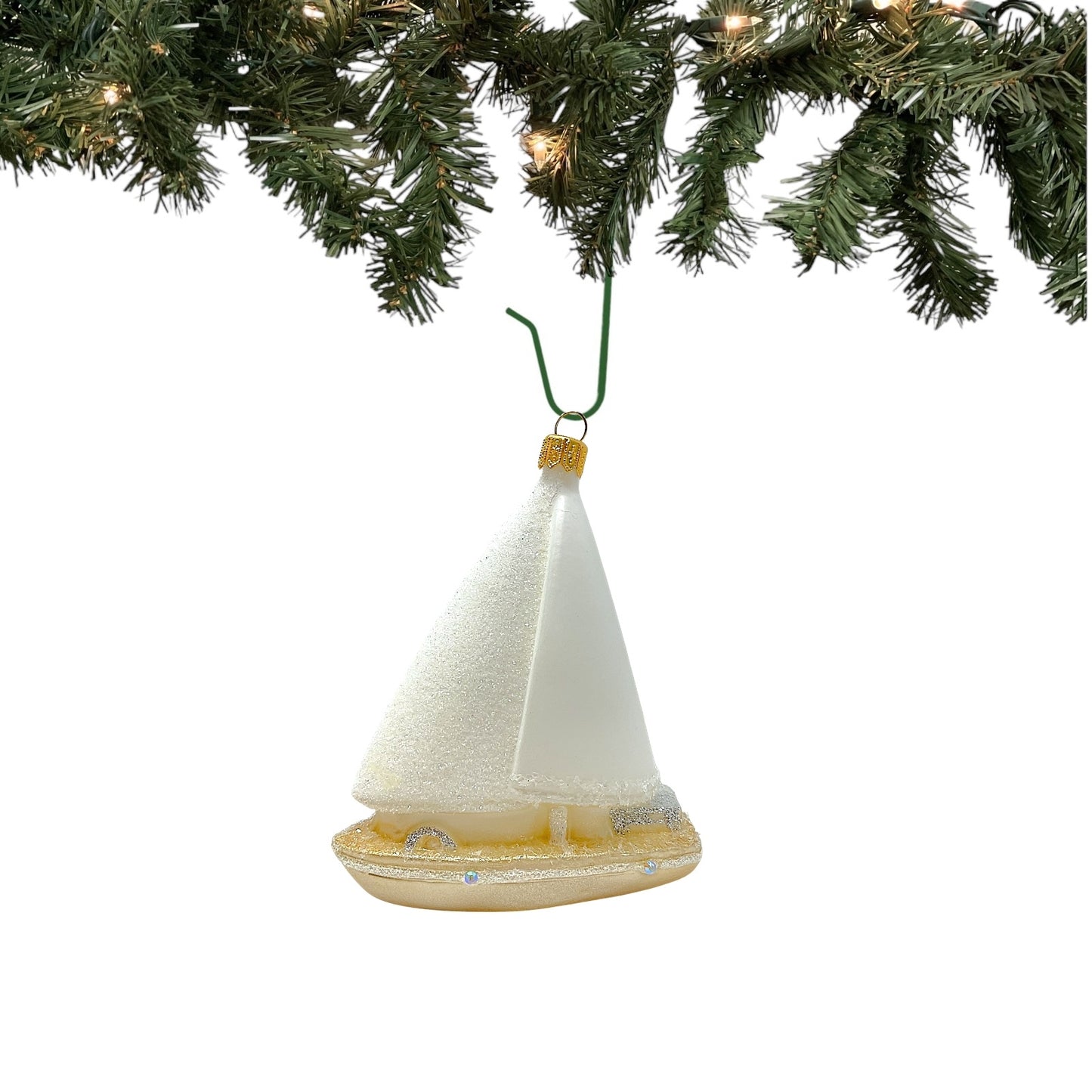 Pinnacle Peak Trading White and Gold Sailboat Polish Glass Christmas Tree Ornament