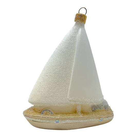 Pinnacle Peak Trading White and Gold Sailboat Polish Glass Christmas Tree Ornament