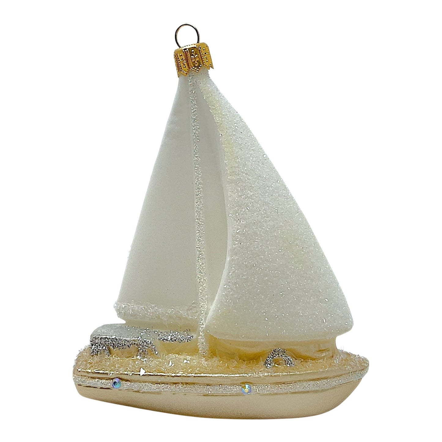 Pinnacle Peak Trading White and Gold Sailboat Polish Glass Christmas Tree Ornament